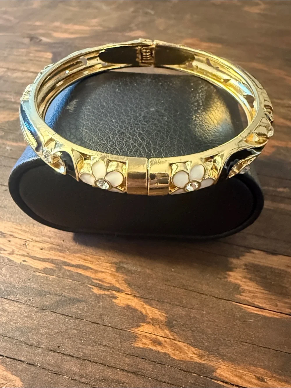 Gold Plated Enamel Flower & Crystal Enamel Flower Bangle Bracelet Black & White